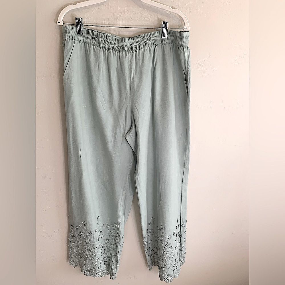 Women's Light Sage Cropped Pants with Embroidered Hem